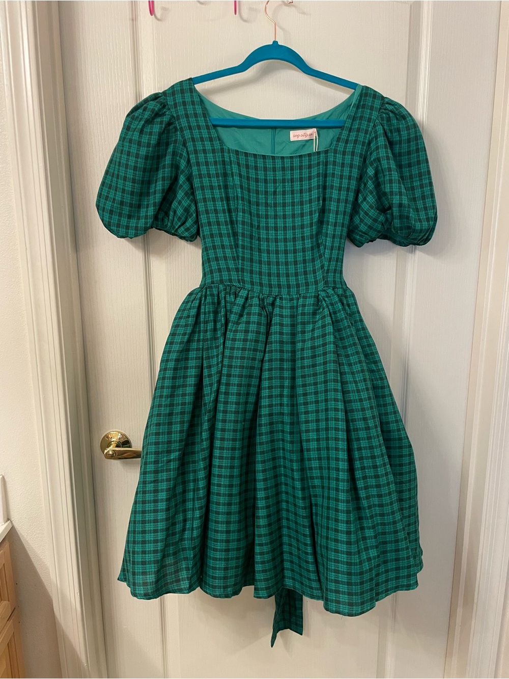 Ivy City Co Green Plaid Puff-Sleeve Dress